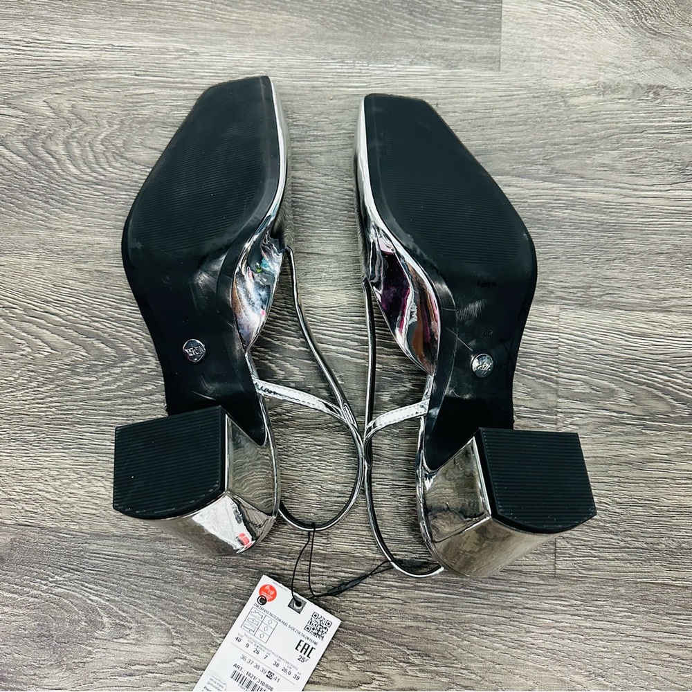 Zara NWT Metallic Silver Block Heel Slingback Heels Size 40 - Picture 12 of 13